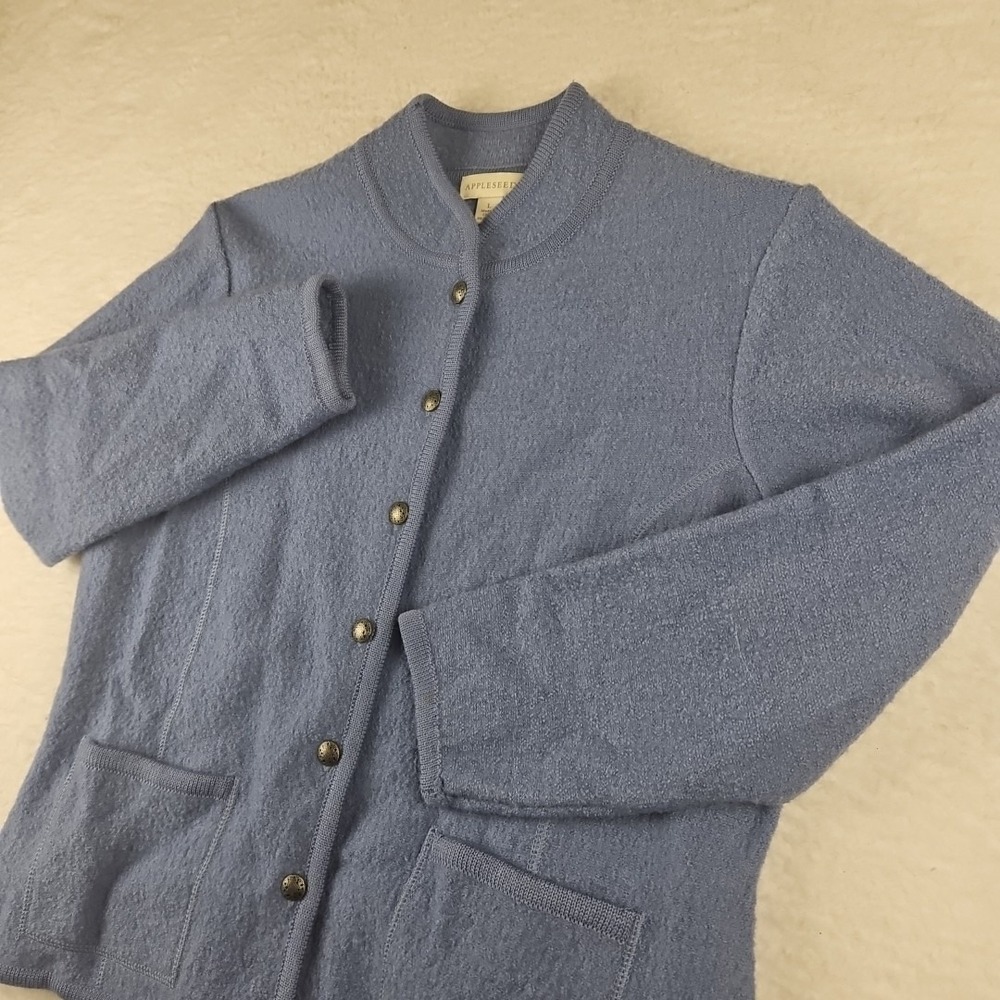 Appleseed's Cardigan Women's L Blue 100% Wool Jacket Button Front Pockets